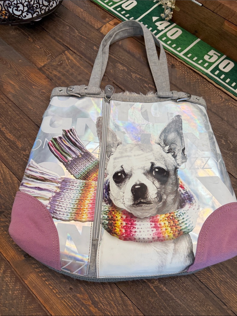Fuzzy Nation Vintage Y2K Chihuahua Iridescent Sage Green Knit Shoulder Tote Bag - Picture 3 of 11